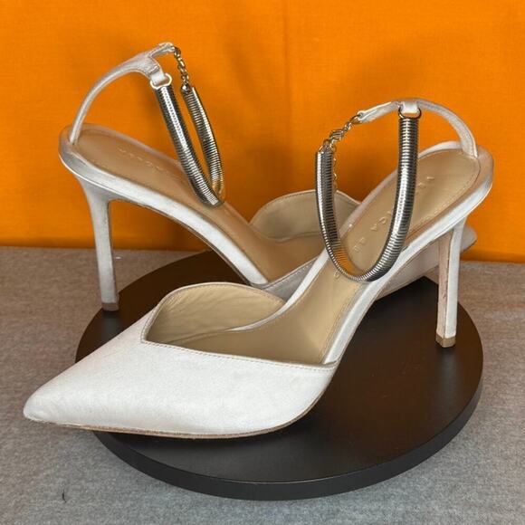 Veronica Beard Lisa White Satin Chain link Ankle Stiletto Pointed Toe Heel 7.5 - Picture 3 of 7
